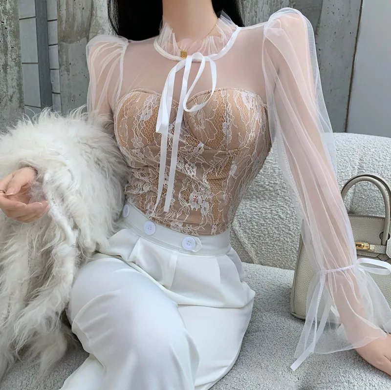 deanwangkt Spring Summer Chic Mesh Patchwork Blouse For Women Streetwear Long Sleeve O Neck Lace Crop Shirt Top Lady Slim Blouse - Deanwangkt