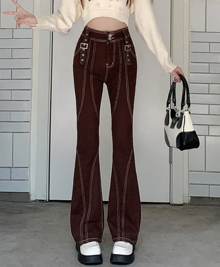 deanwangkt Retro High Waisted Flare Jeans Women Korean Autumn New Y2K High Street Brown Pants Female Buckle Cool Casual Pants S-XL - Deanwangkt