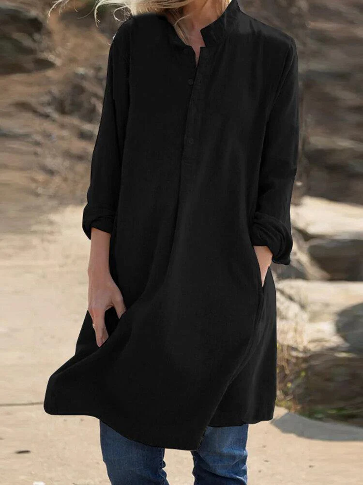 deanwangkt Casual Plain Solid Color Button Stand Collar Long Sleeve Pocket Shirts - Deanwangkt