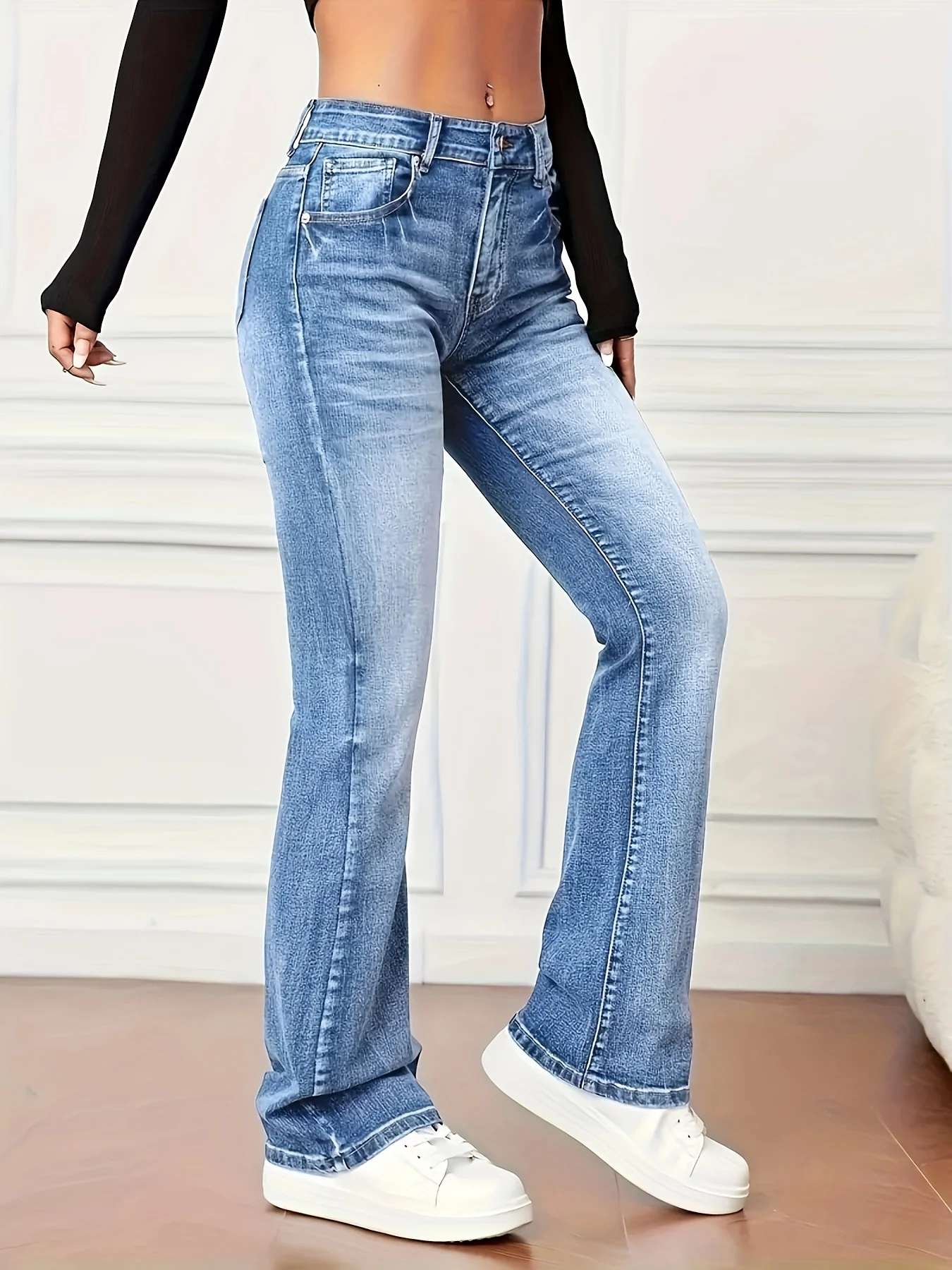 Washed Mid-Stretch Bootcut Jeans, Slant Pockets Versatile Denim Pants, Women's Denim Jeans & Clothing - Deanwangkt