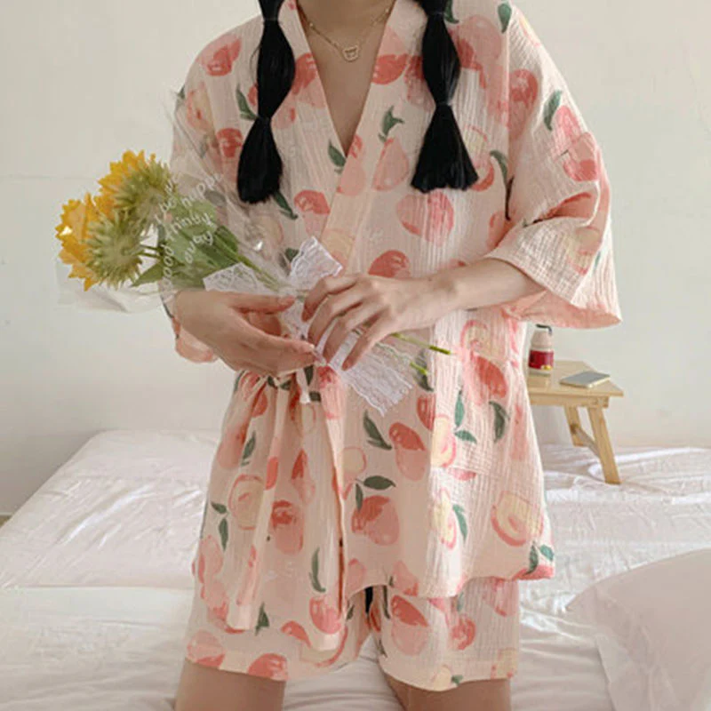 deanwangkt Pink Pajama Sets Women Sweet Casual Simple Design Stylish Japanese Style Lace-up Print Summer Home Lounge Wear Cozy Breathable - Deanwangkt