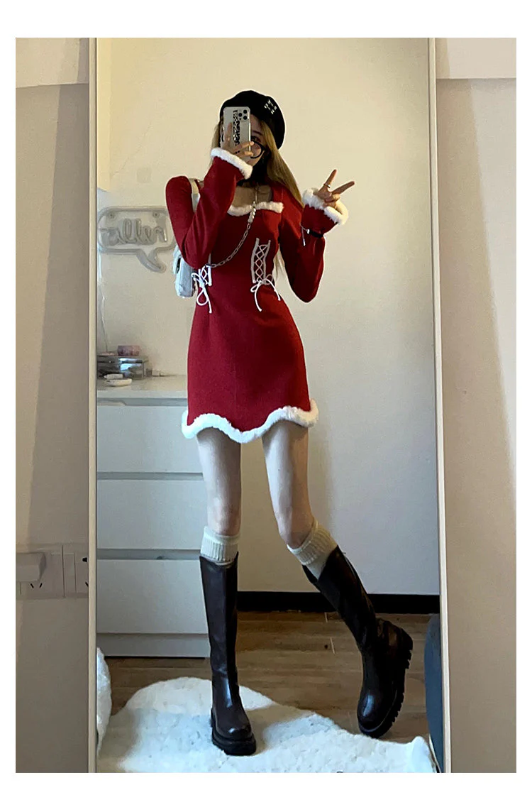 deanwangkt  Winter Sweet Christmas Dress Women Red Kawaii Lolita Party Mini Dresses Warm Korean Night Dresses Ladies Festival Clothing - Deanwangkt