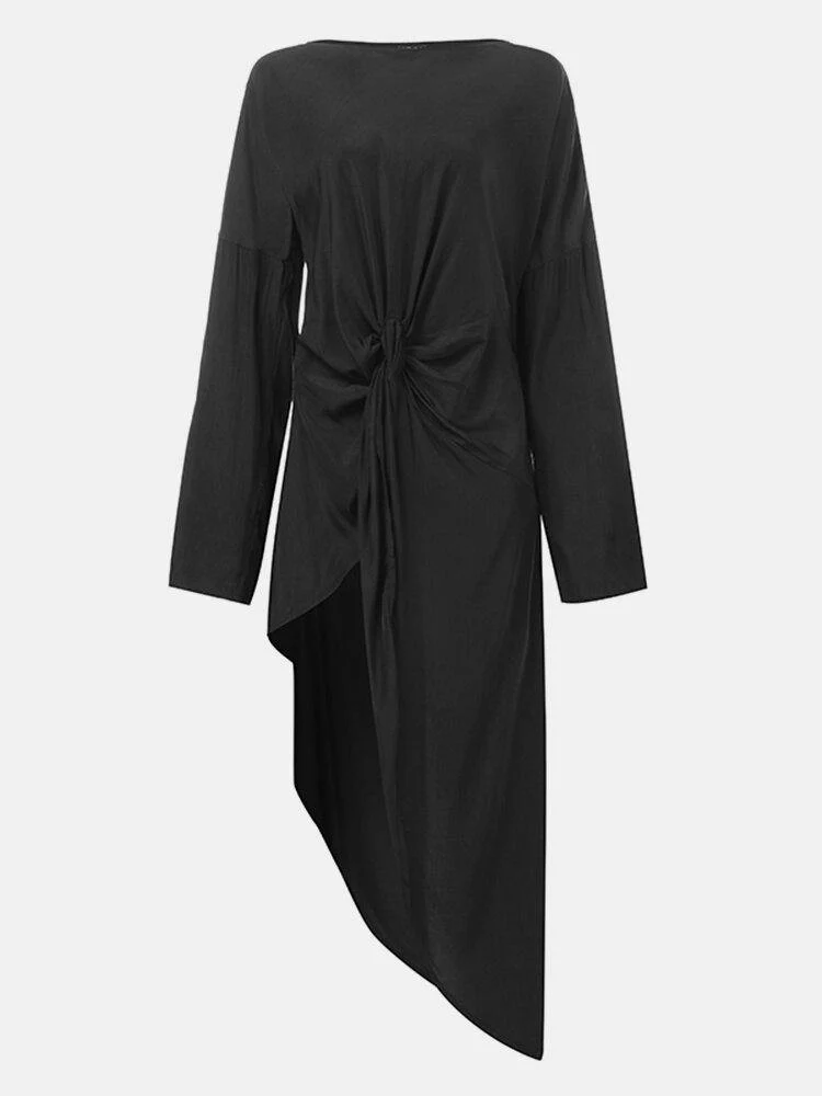 deanwangkt Pure Color Round Neck High Low Hem Long Sleeve Shirts - Deanwangkt