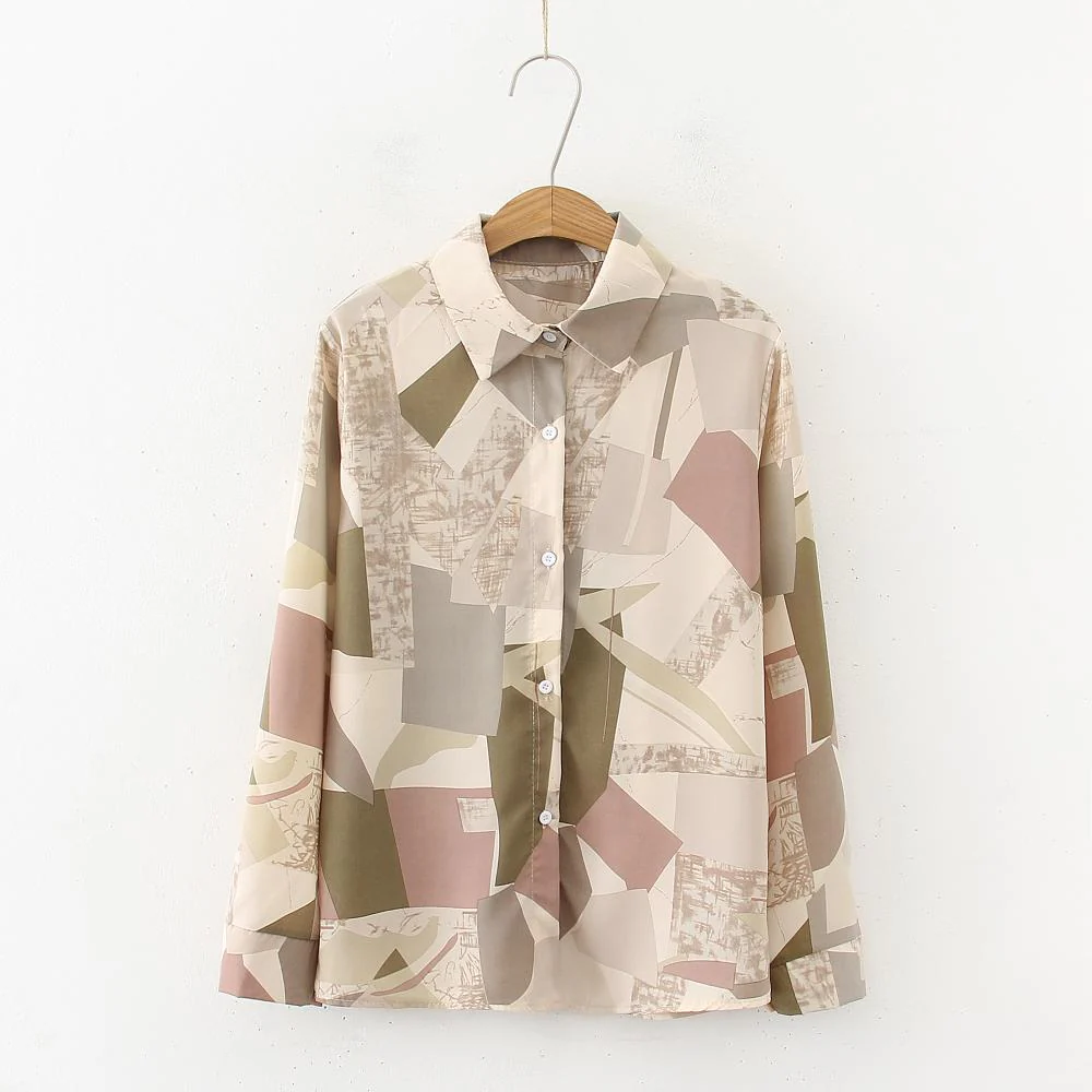 deanwangkt women Blouse Vintage geometric printing shirts  Spring Autumn Long Sleeve Shirt casual Blusas Mujer - Deanwangkt
