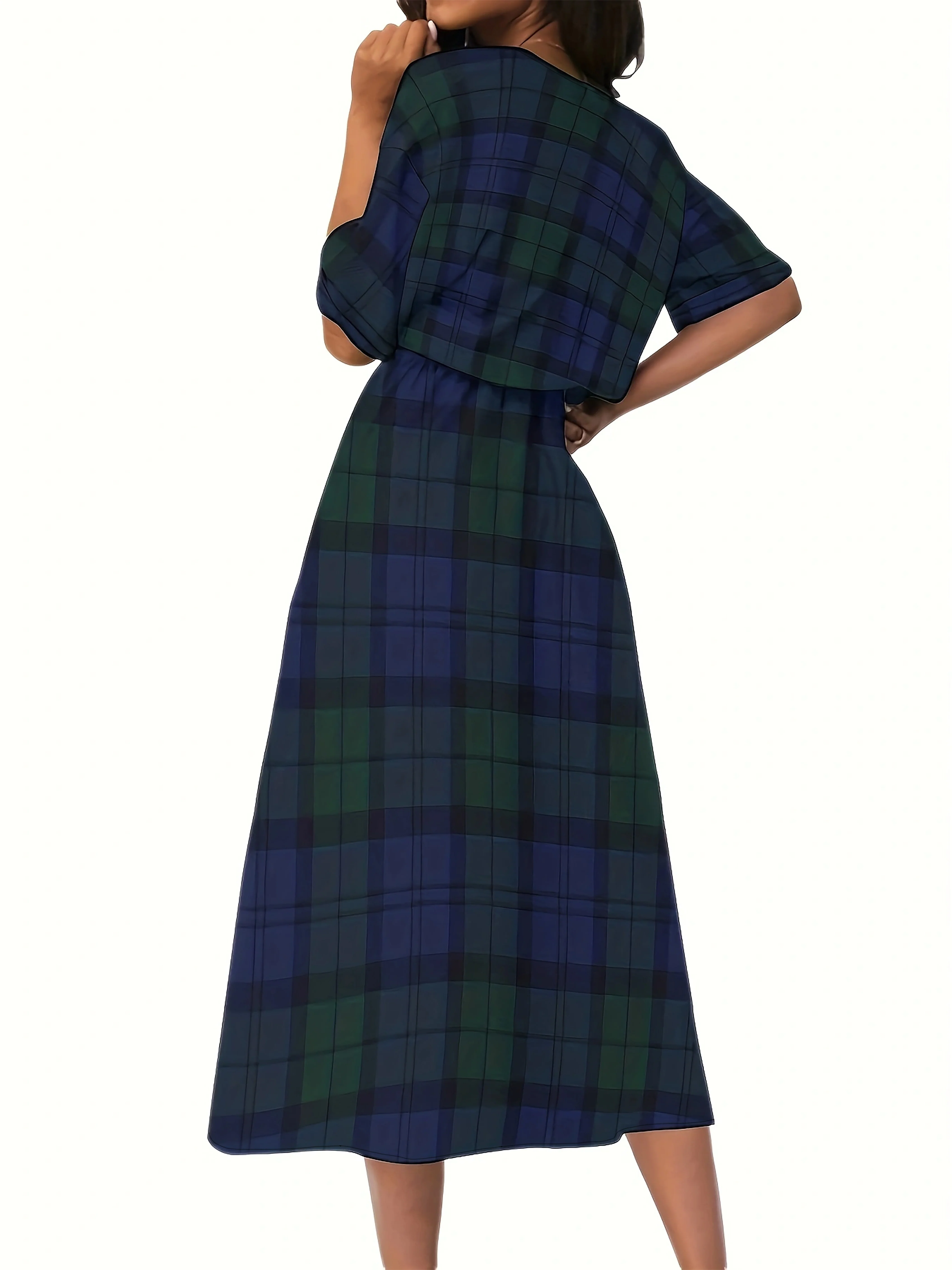 deanwangkt-1  Plaid Print Midi Dress, Elegant Crew Neck Half Sleeve Dress, Women's Clothing - Deanwangkt