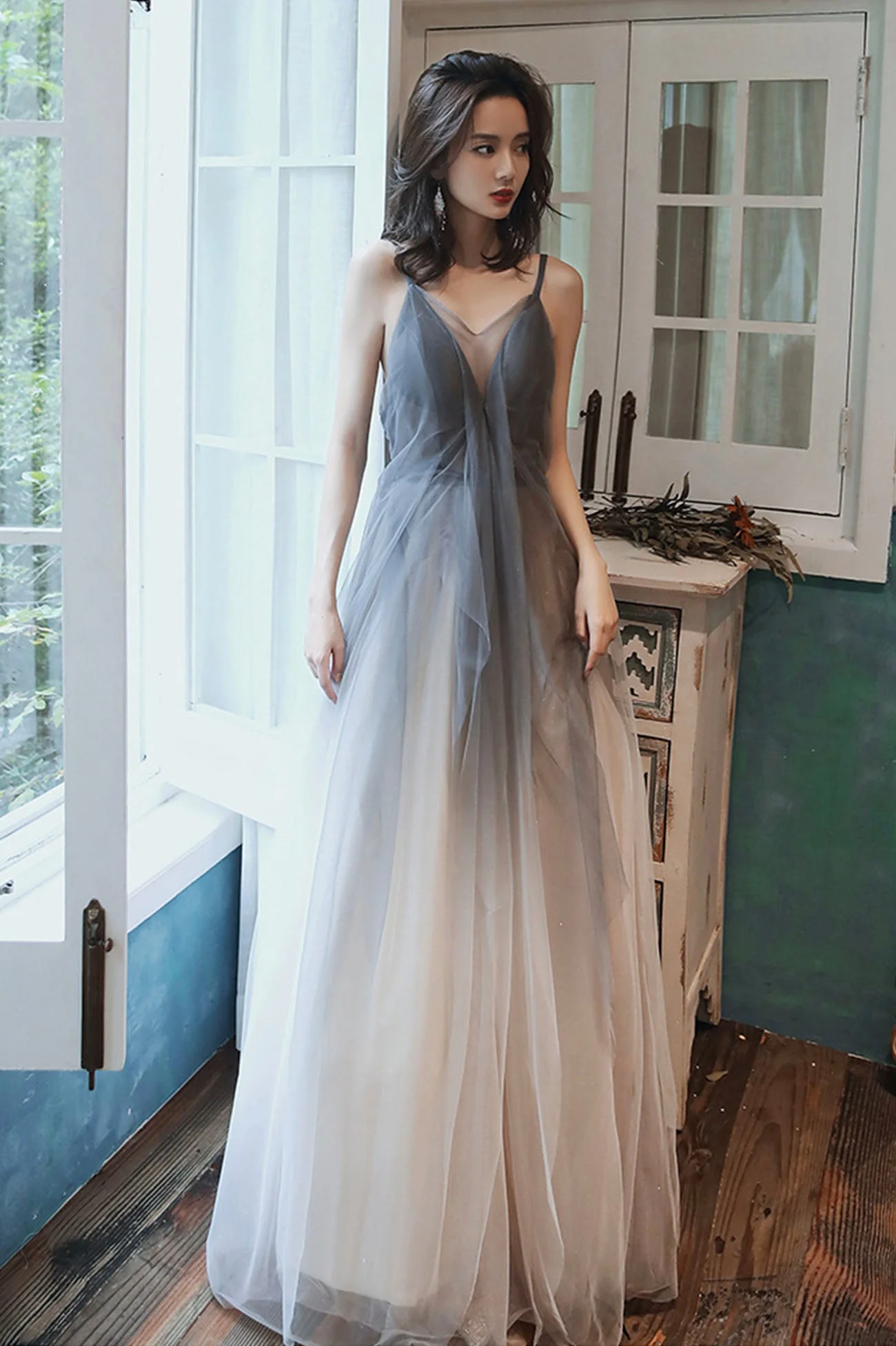 solvbao Gray Tulle Long Prom Dress, A-Line Backless Evening Dress - Deanwangkt