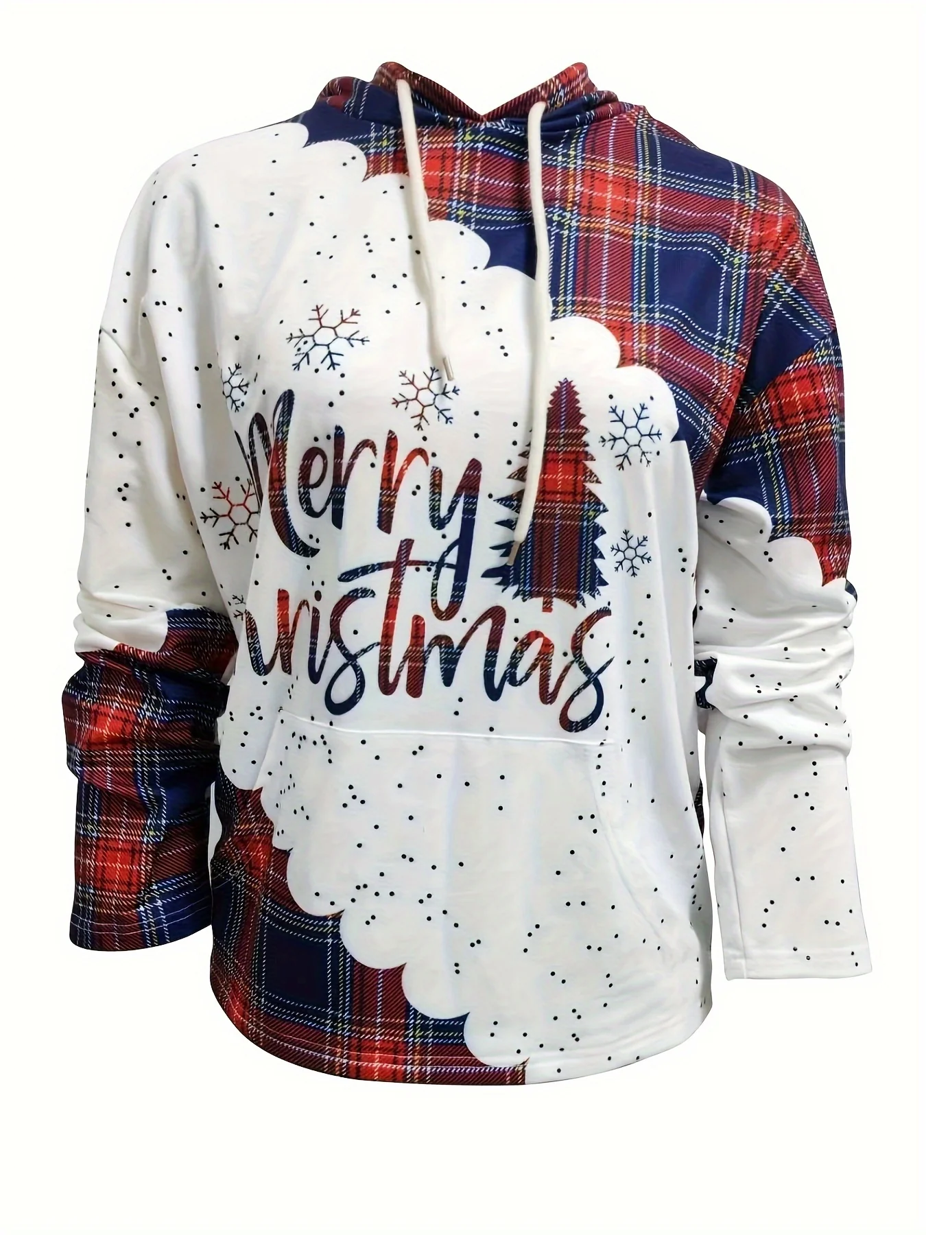 Christmas Tree & Letter Print Drawstring Hoodie, Casual Long Sleeve Kangaroo Pocket Hoodie Sweatshirt, Women's Clothing - Deanwangkt