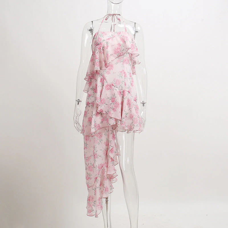 deanwangkt  Floral Print Spaghetti Strap Dresses Mini Women Sexy Backless Halter Neck Spring Summer Ruffle Casual Beach Dress - Deanwangkt