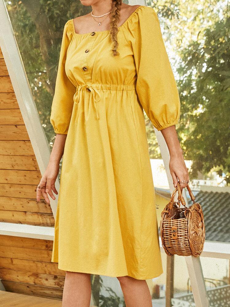 deanwangkt Women Cotton Square Collar Drawstring Waist Elegant Midi Dress with Side Pockets - Deanwangkt