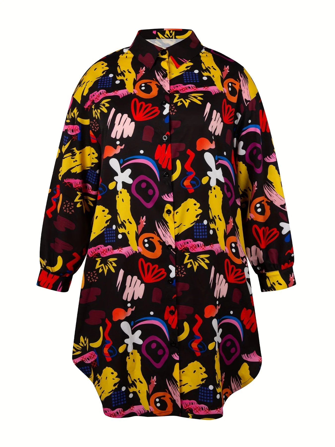 Plus Size Casual Blouse, Women's Plus Graffiti Print Long Sleeve Turn Down Collar Slight Stretch Longline Shirt Top - Deanwangkt