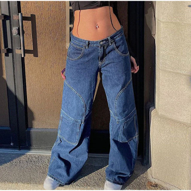deanwangkt Y2K Low Rise Staright Cargo Jeans Wrap Belt Retro Denim Pants Ruched Drawstring Women Denim Trousers Street Indie Aesthetic Jean - Deanwangkt