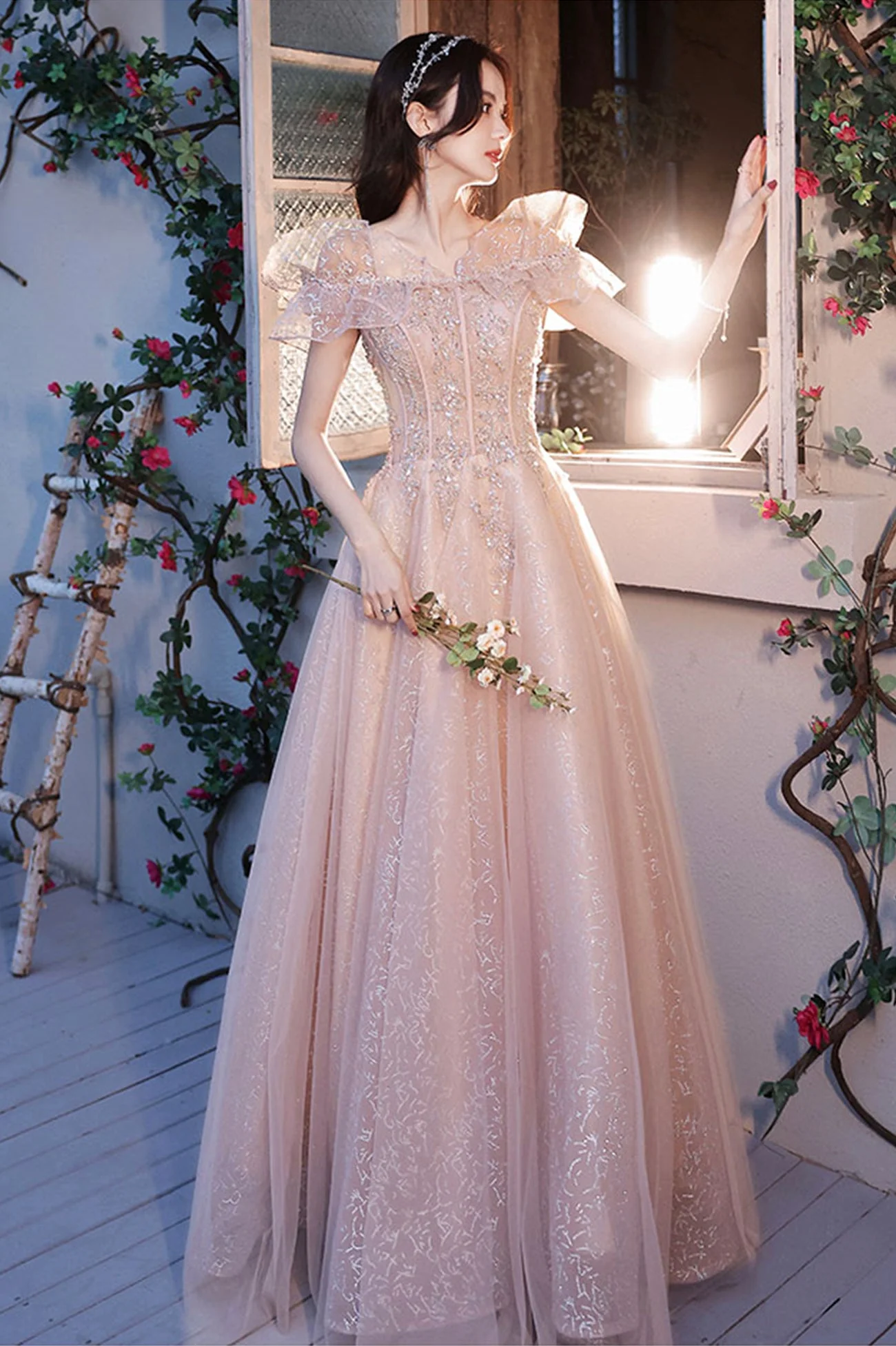 solvbao Pink Tulle Sequins Long Prom Dresses, Lovely A-Line Evening Graduation Dresses - Deanwangkt