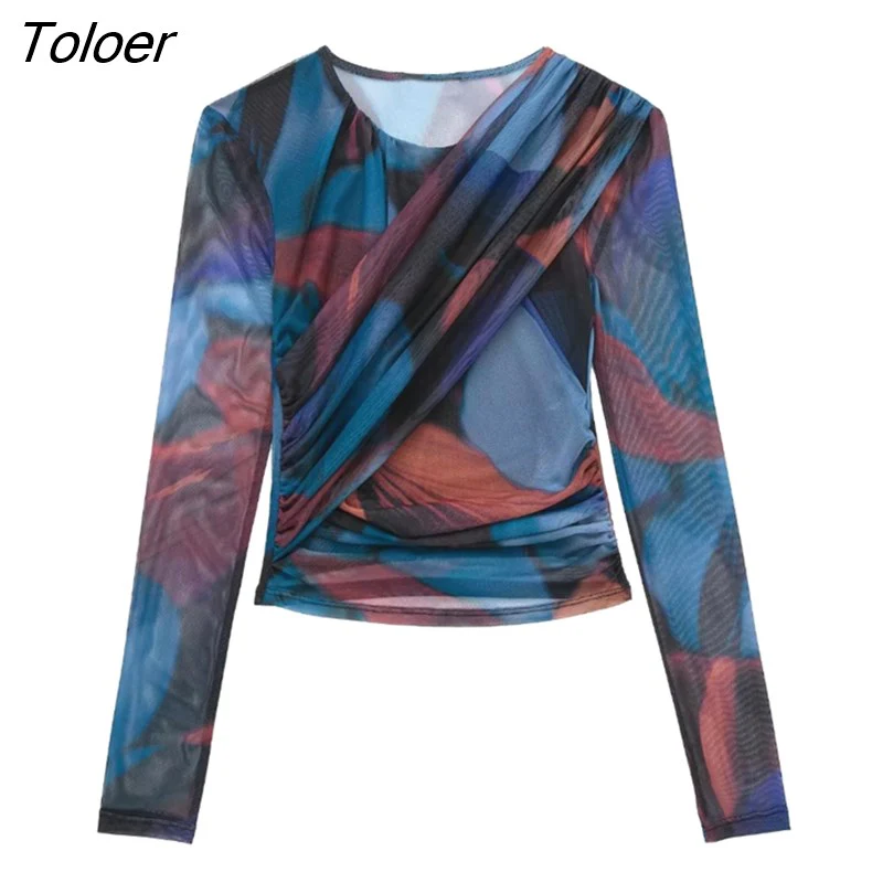 deanwangkt Women Vintage Double Breasted Tie Dyed Print Smock Blouse Female Pleats Design Tulle Shirt Chic Crop BlusasTops LS2678 - Deanwangkt