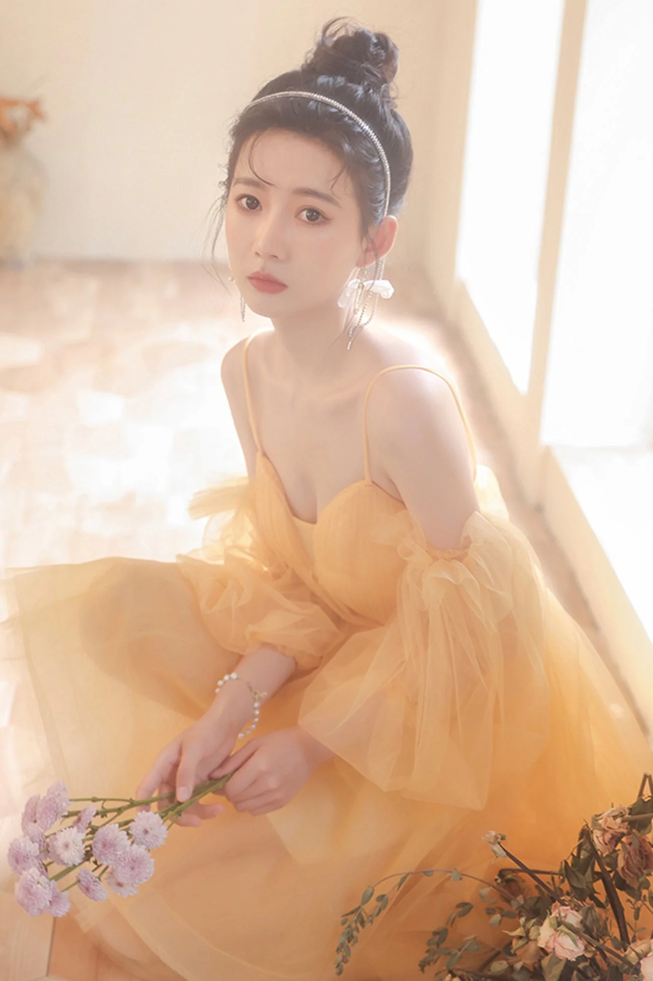 solvbao Yellow Tulle Short Prom Dress, A-Line Short Sleeve Party Dress - Deanwangkt