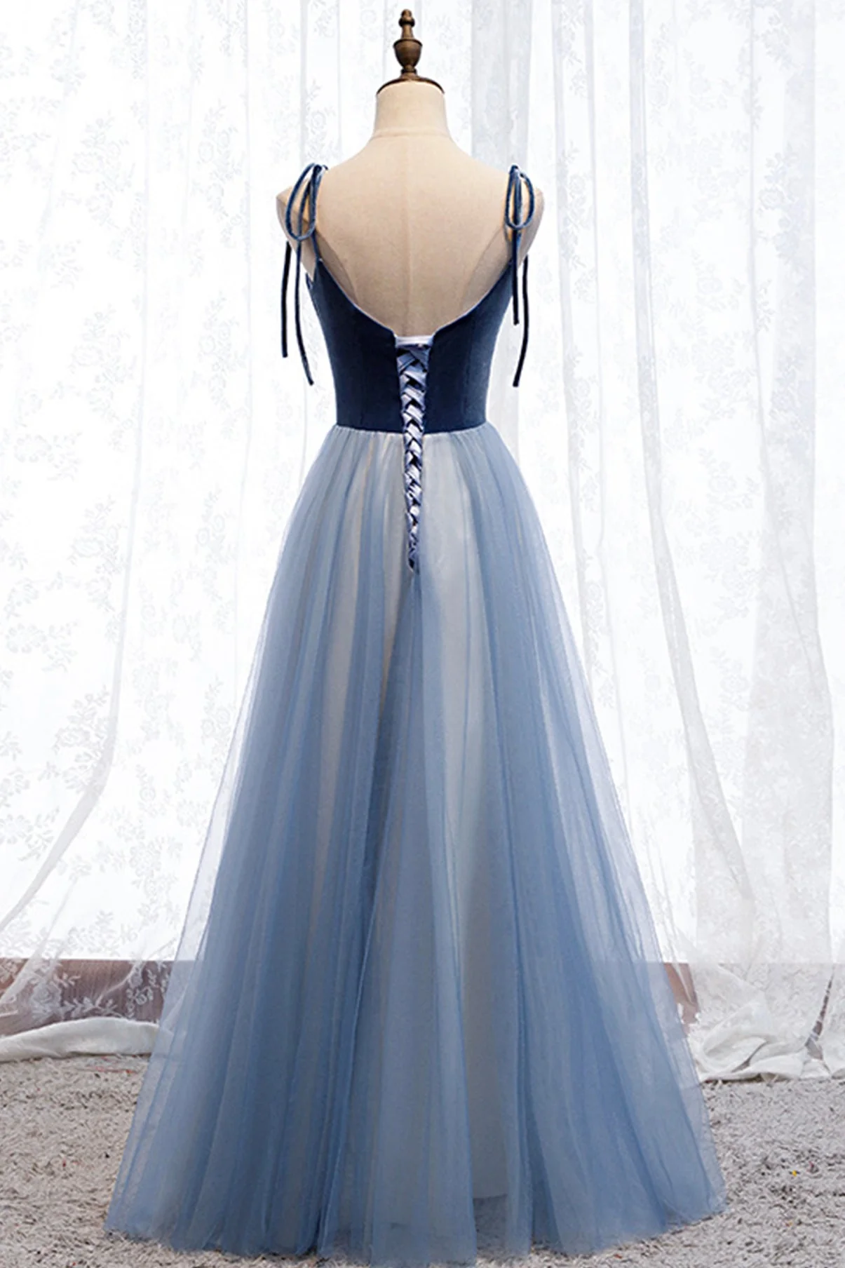 solvbao Blue Velvet Tulle Long Prom Dresses, A-Line Evening Dresses - Deanwangkt
