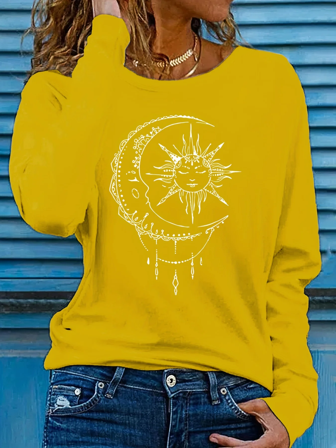 deanwangkt  Sun & Moon Print Crew Neck T-shirt, Casual Long Sleeve T-shirt, Women's Clothing - Deanwangkt