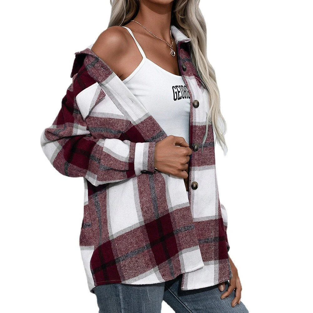 deanwangkt  Spring Autumn Women Coats Casual Loose Vingage Long Sleeve Shirts Turn-down Collar Single Breasted Outerwear Plaid Jackets - Deanwangkt