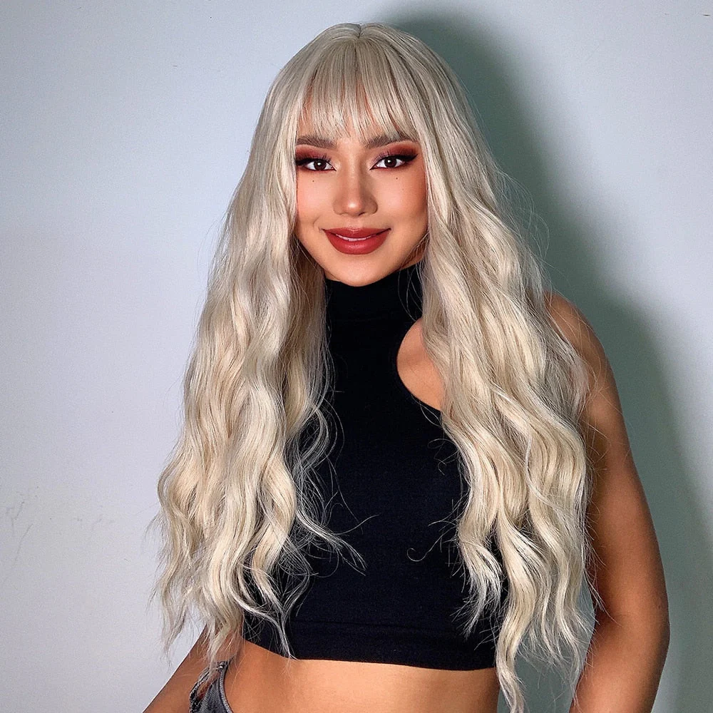 Pure Blonde Synthetic Hair Wigs Long Water Wave Wig for Women Colored Cosplay Lolita Wig with Bangs Heat Resistant - Deanwangkt