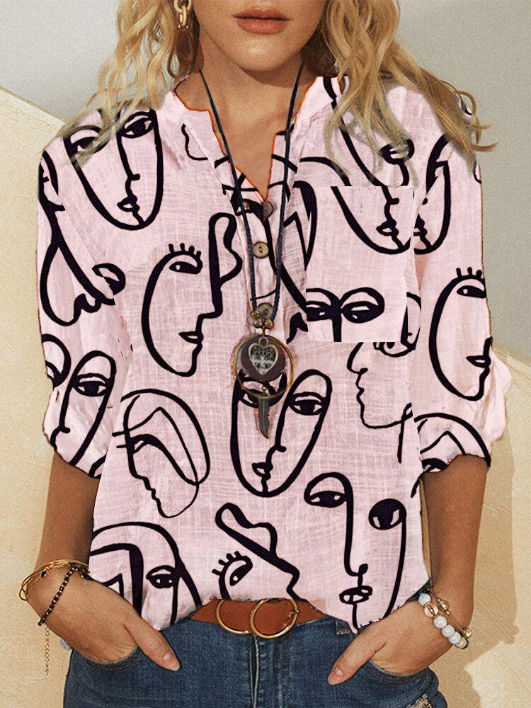 deanwangkt Abstract Face Figure Print V-neck Button Long Sleeve Pocket Blouse For Women - Deanwangkt