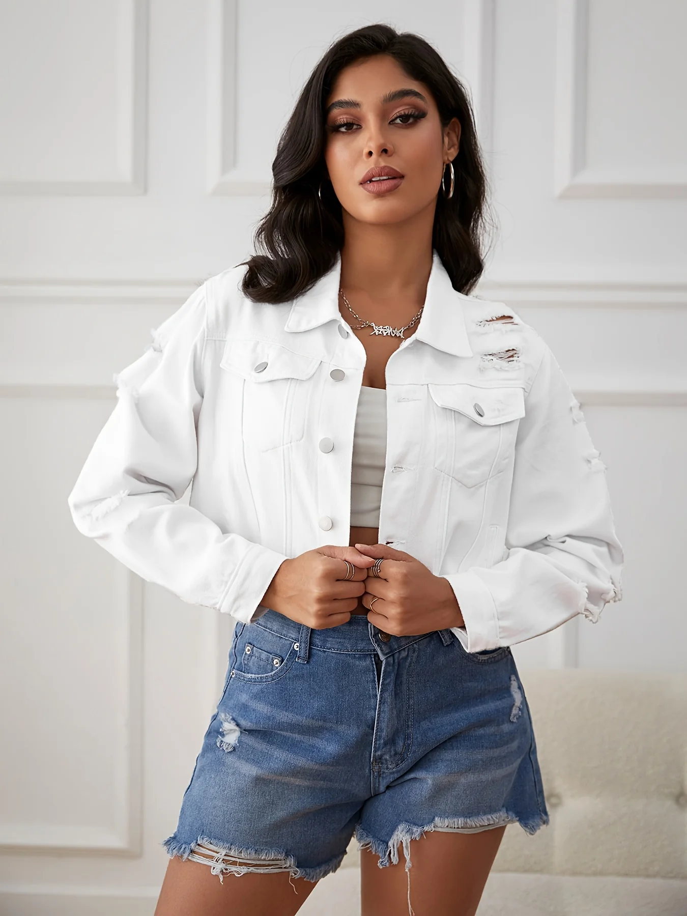 deanwangkt-1  Plain Ripped Holes Lapel Denim Jackets, Long Sleeves Non-Stretch Raw Hem Cropped Denim Coats, Women's Denim Clothing - Deanwangkt