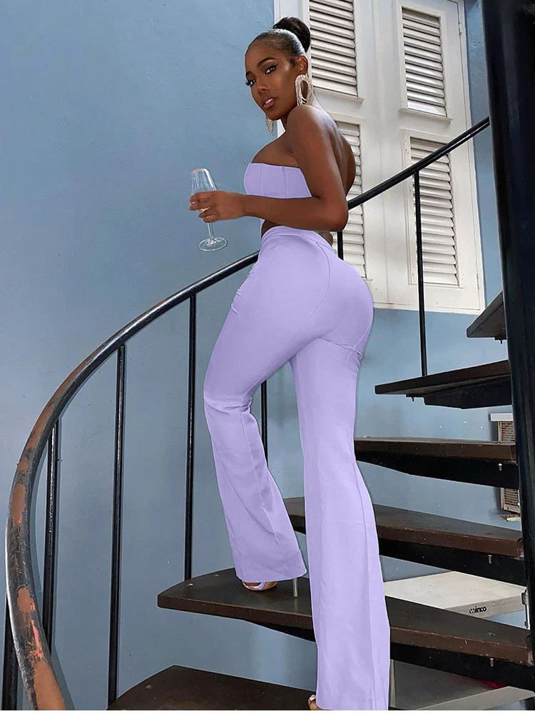 deanwangkt  Boned Corset Crop Top Two Piece Pants Set Women Strapless High Waist Flare Trousers 2 Piece Set Summer Long Suit Tracksuit - Deanwangkt