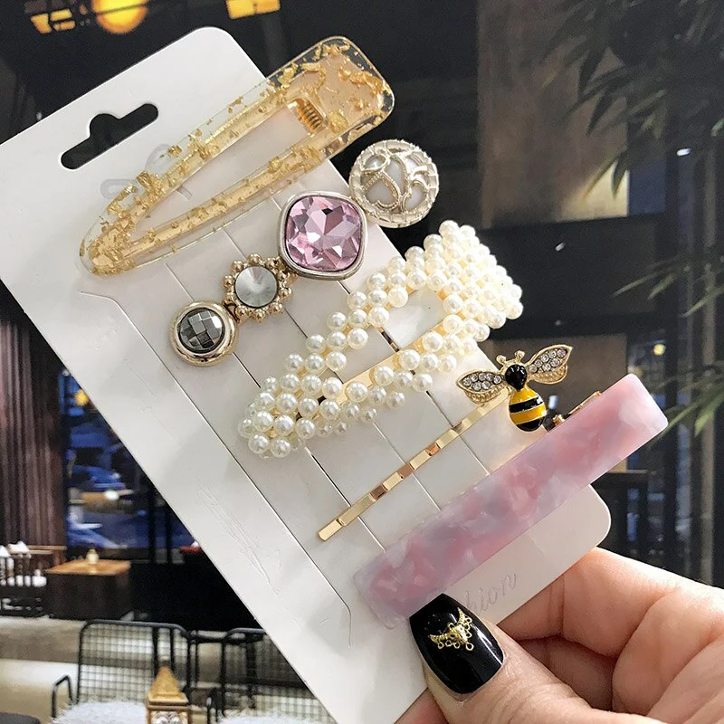 deanwangkt 4PCS Hair Clips Set Crystal Simulation Pearl Hair Accessories Fashion Barrettes For Women Bees Star Heart Hairgrip Hairpins - Deanwangkt