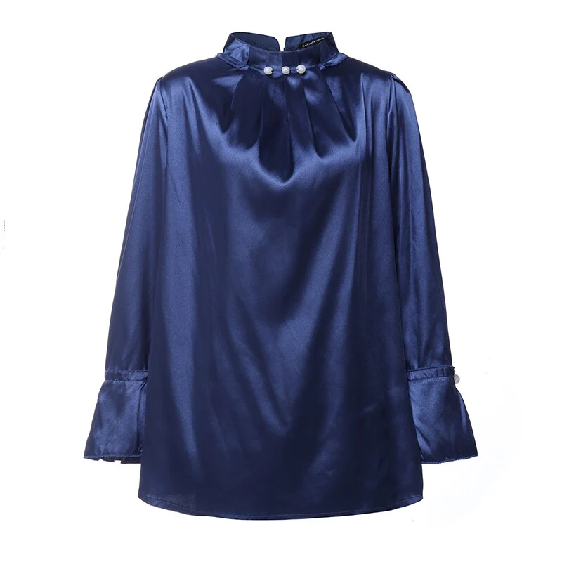 Women Satin Blouses Elegant Long Sleeve Silk Tops  Pearl Stand Collar Female Office Shirts Solid Casual Party Blusas - Deanwangkt