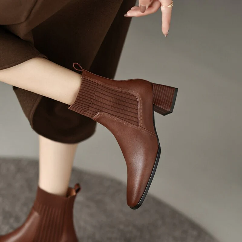 deanwangkt Autumn Boots   NEW Ankle Boots for Women Genuine Leather Square Toe Chunky Heel Shoes Winter Modern Boots Concise Vintage Knitting Short Boots - Deanwangkt