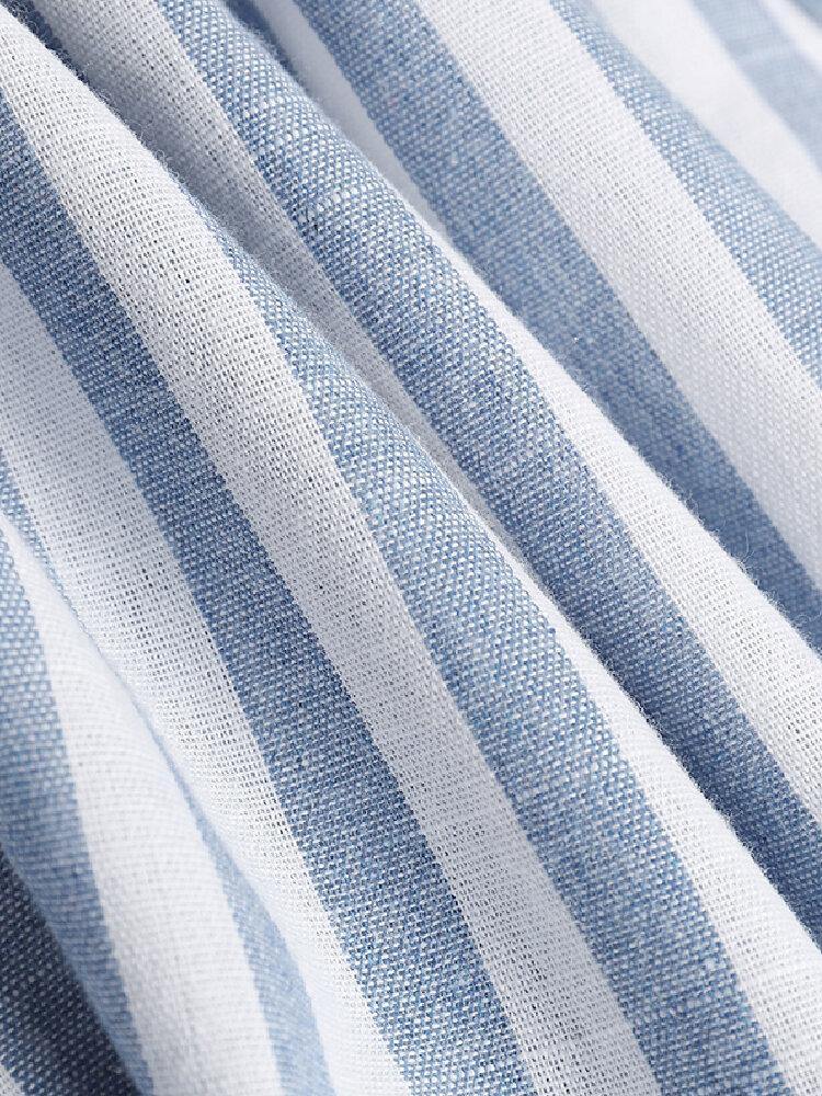 deanwangkt Women 100% Cotton Classical Striped Print Lapel Button Front Lace-Up Casual Shirt Dress - Deanwangkt