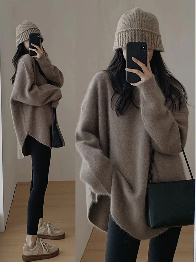 deanwangkt Casual Loose Knit Pullover Women Solid O-neck Fluffy Sweater Female Autum Warm Soft Fashion Long Sleeve Lady Knitwear - Deanwangkt