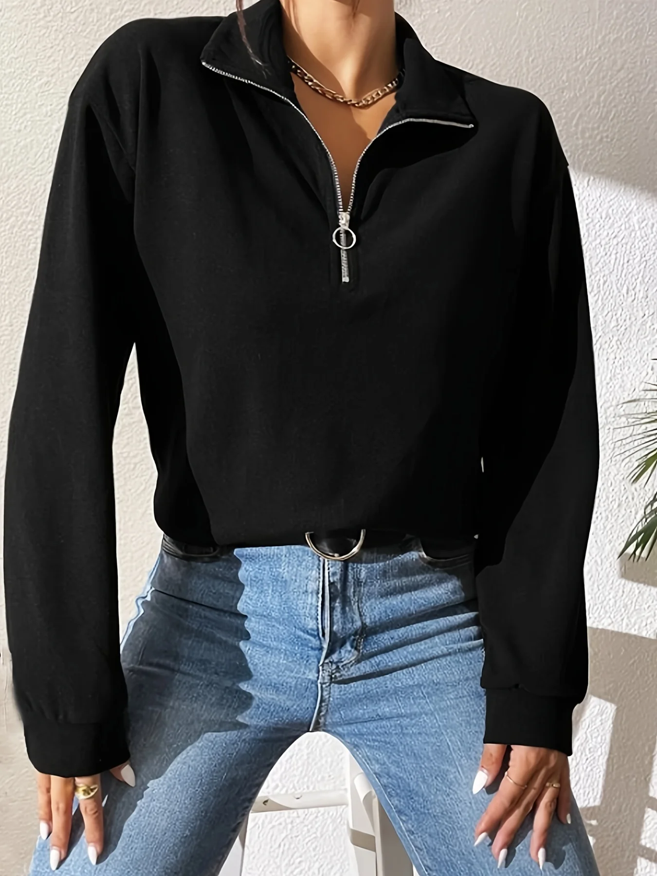 Quarter Zip Lapel Pullover Sweatshirt, Casual Long Sleeve Sweatshirt For Fall & Winter, Women's Clothing - Deanwangkt