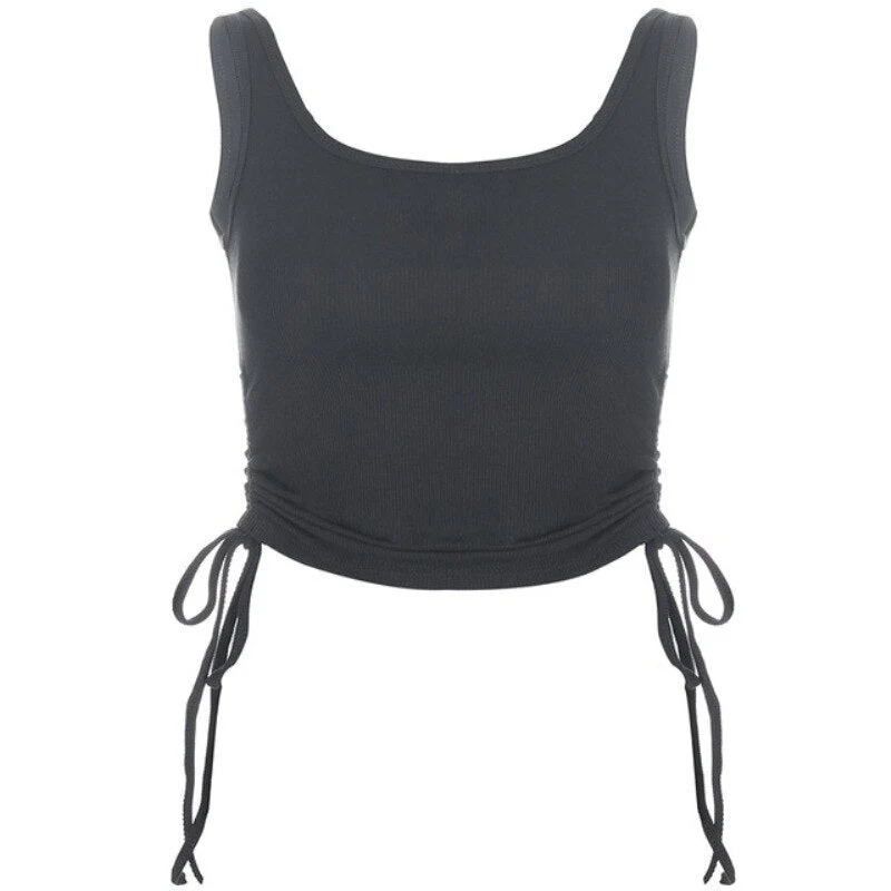 deanwangkt Ruched Sleeveless Tank Tops Tees Women Solid Casual Fashion Crop Top Ladies High Street Tie Up Croptop Summer Fitness - Deanwangkt
