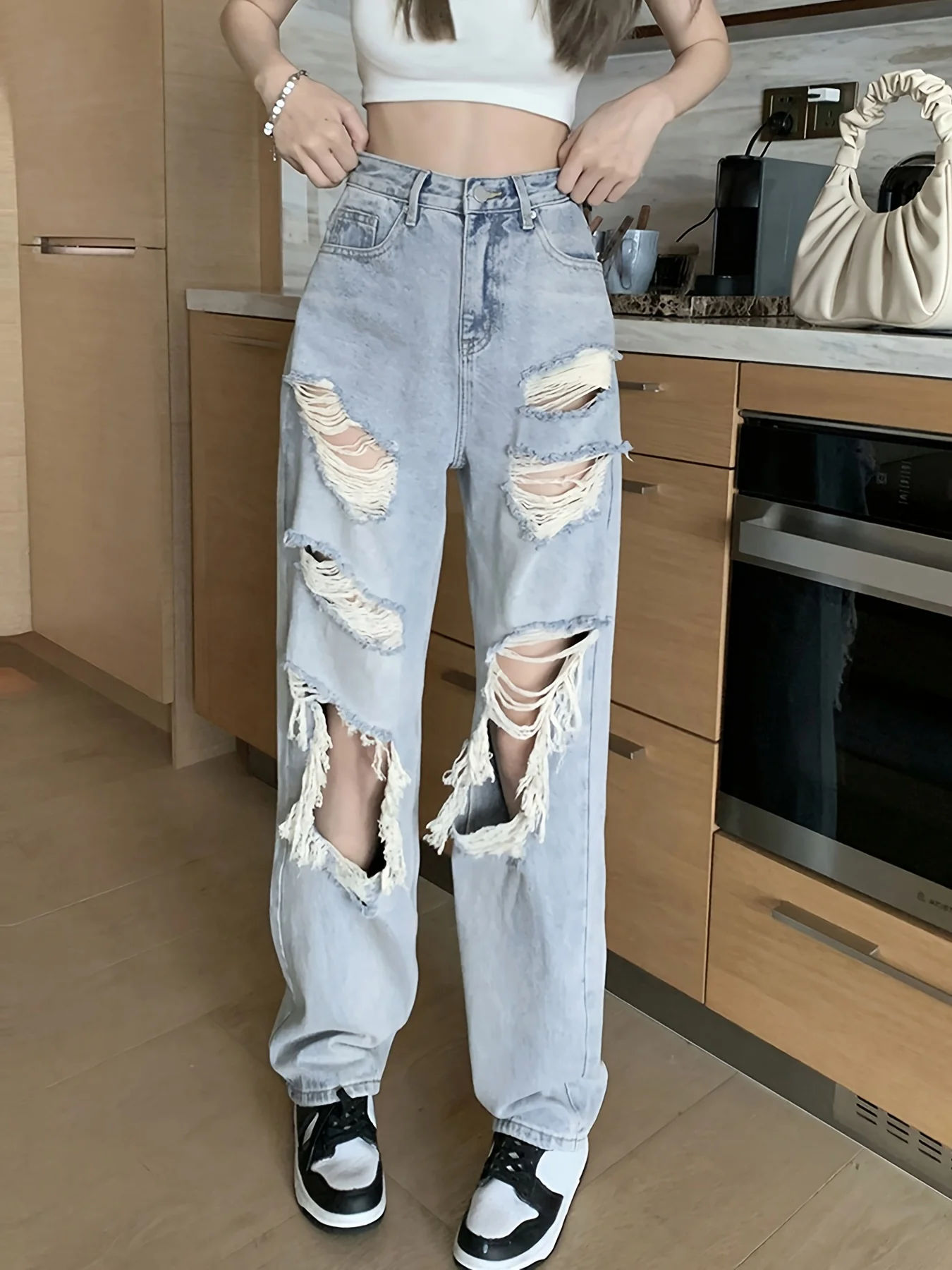 deanwangkt  High Waist Ripped Wide Leg Jeans, Y2k Distressed Washed Straight Leg Denim Pants, Women's Denim Jeans & Clothing - Deanwangkt