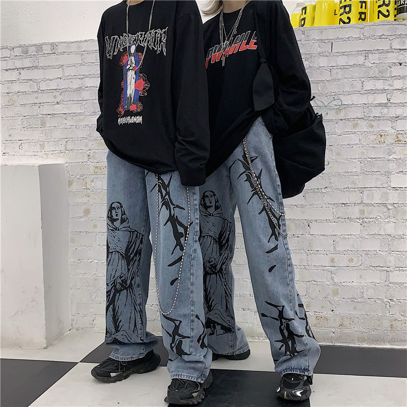 deanwangkt Harajuku Women Jeans Pants Streetwear Print Hippie Denim Pants Women Korean Style Wide Leg Pants Vintage Grunge Trousers - Deanwangkt