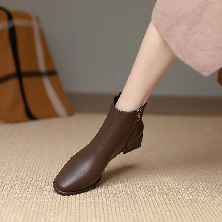 deanwangkt Women Ankle Boots Mid Heels Dress Shoes Woman Ol Office Lady Shoes Winter Botines with Zipper Black Botas De Mujer Brown - Deanwangkt