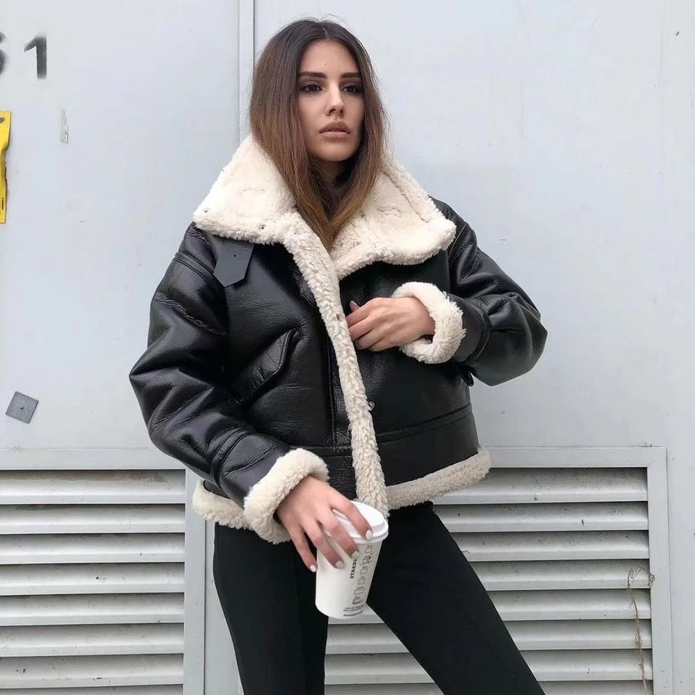 deanwangkt Women jacket  Winter Fashion Fleece imitation leather Jacket Coat Long Sleeve Female Chic Tops Outerwear Beautiful street - Deanwangkt