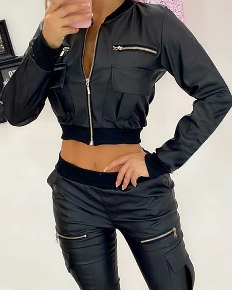 deanwangkt Winter Autumn Women PU Leather Zipper Front Short Jacket  Femme Patchwork Pocket Design Coat Lady Outfits Cool Clothing y2k - Deanwangkt