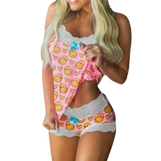 Spaghetti Strap Lace Pajama Set Sleeveless Trim Pyjamas Sleep Shorts Set Lace Pijama Suit Sleepwear Women Sexy Nighties Homewear - Deanwangkt