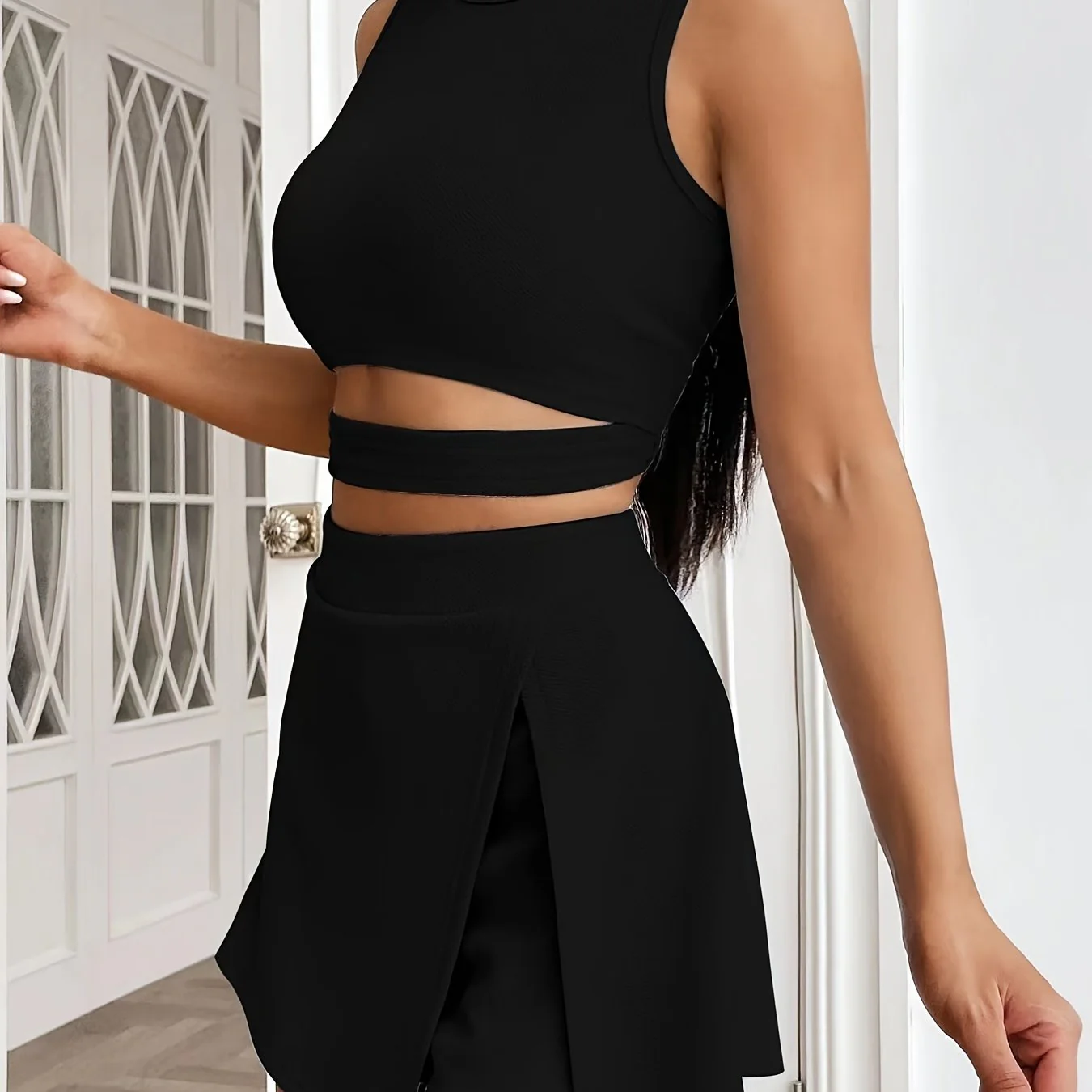 deanwangkt  Solid Casual Two-piece Set, Cut Out Tank Top & High Waist Shorts Outfits, Women's Clothing - Deanwangkt