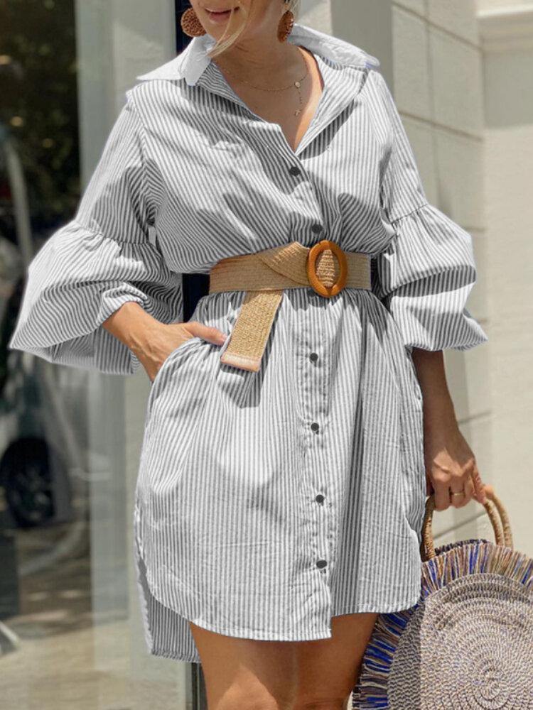 deanwangkt Women Pinstripe Contrast Collar Casual Stitching Sleeve Shirt Dresses - Deanwangkt