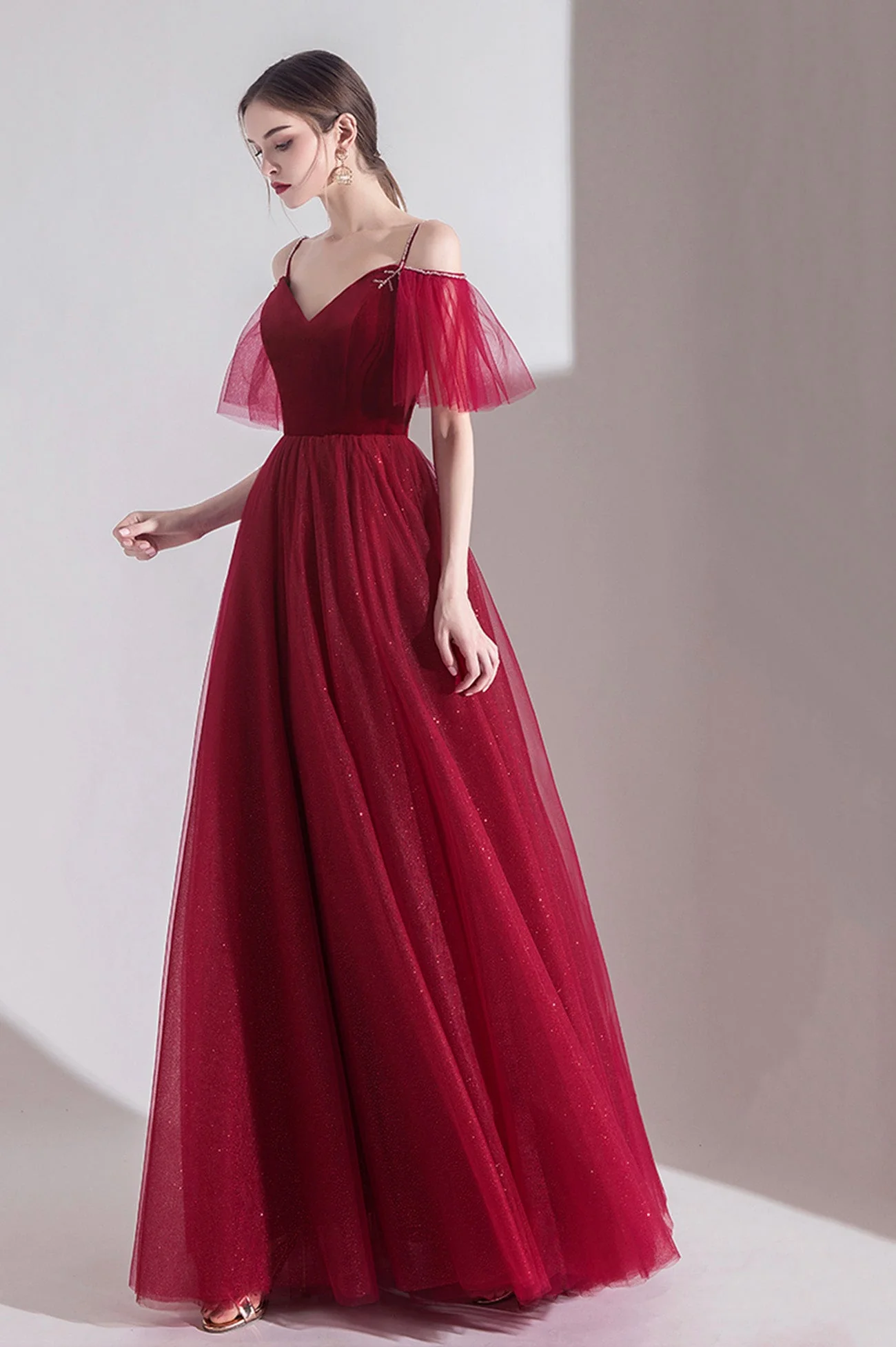 solvbao Burgundy Velvet Tulle Long A-Line Prom Dresses, Simple Evening Dresses - Deanwangkt