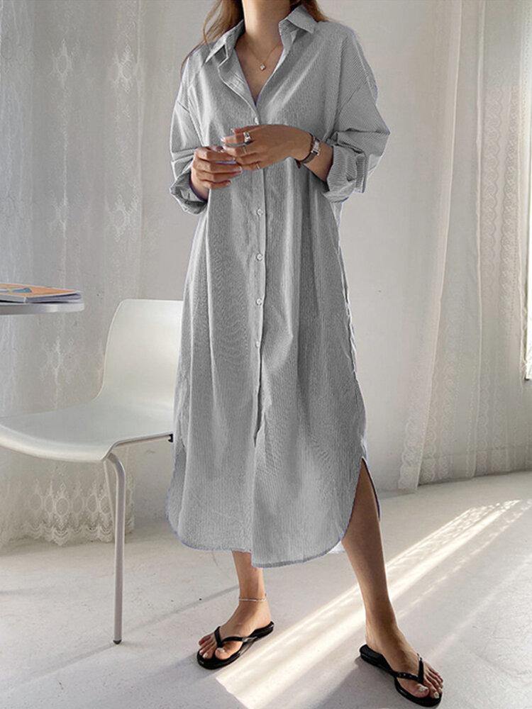deanwangkt Women Brief Style Striped Print Button Split Hem Long Sleeve Shirt Dress With Pocket - Deanwangkt
