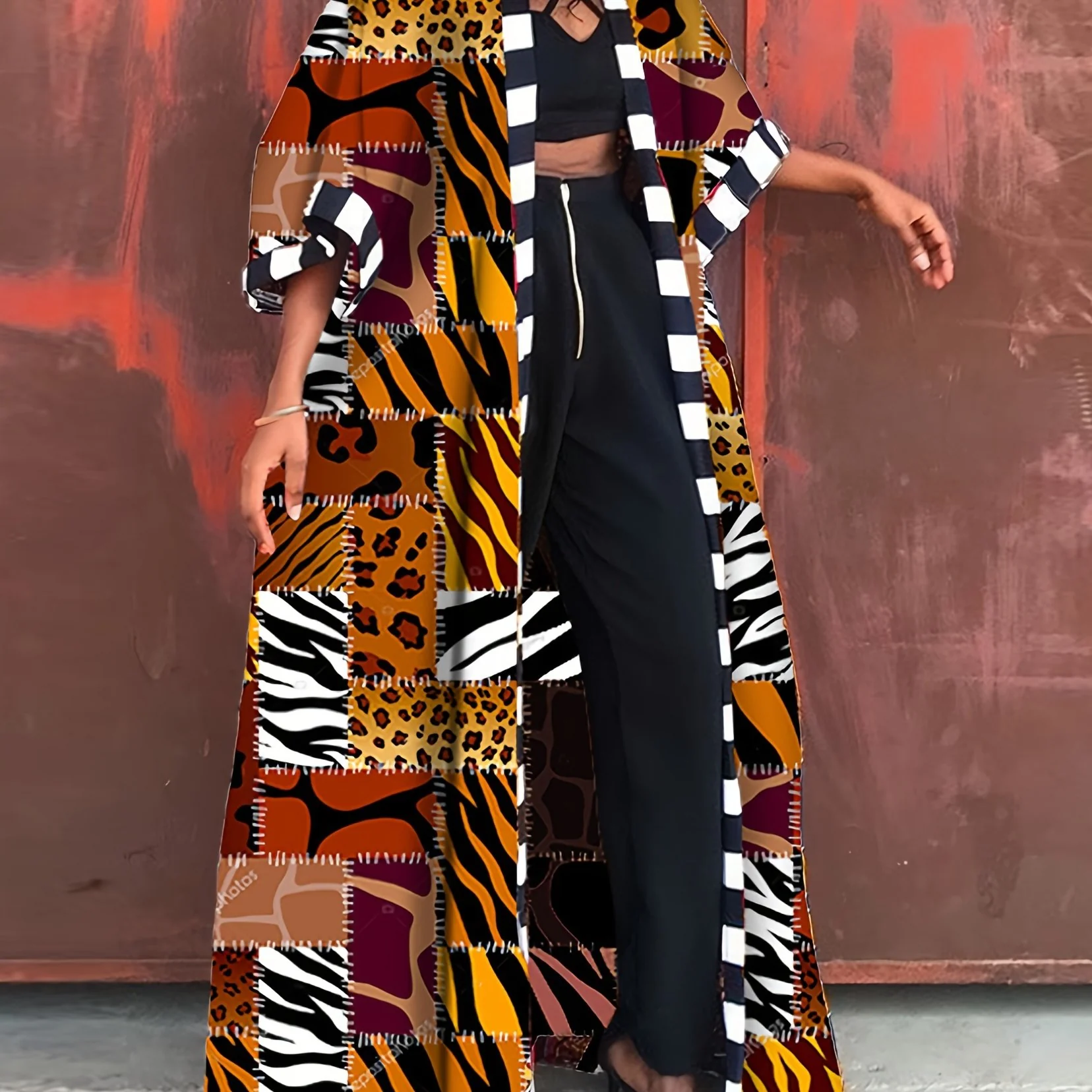 Allover Print Open Front Cardigan, Three-quarter Sleeve Maxi Length Cardigan, Women's Clothing - Deanwangkt