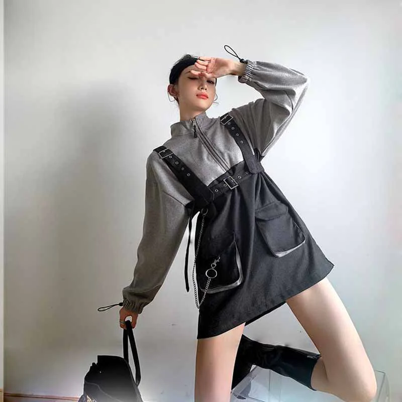 deanwangkt  Retro Vintage Women Gothic Girls Punk Mini Dress High Waist Long Sleeve Hat Collar Sexy Gry Black Lolita Plus Size Jurken - Deanwangkt