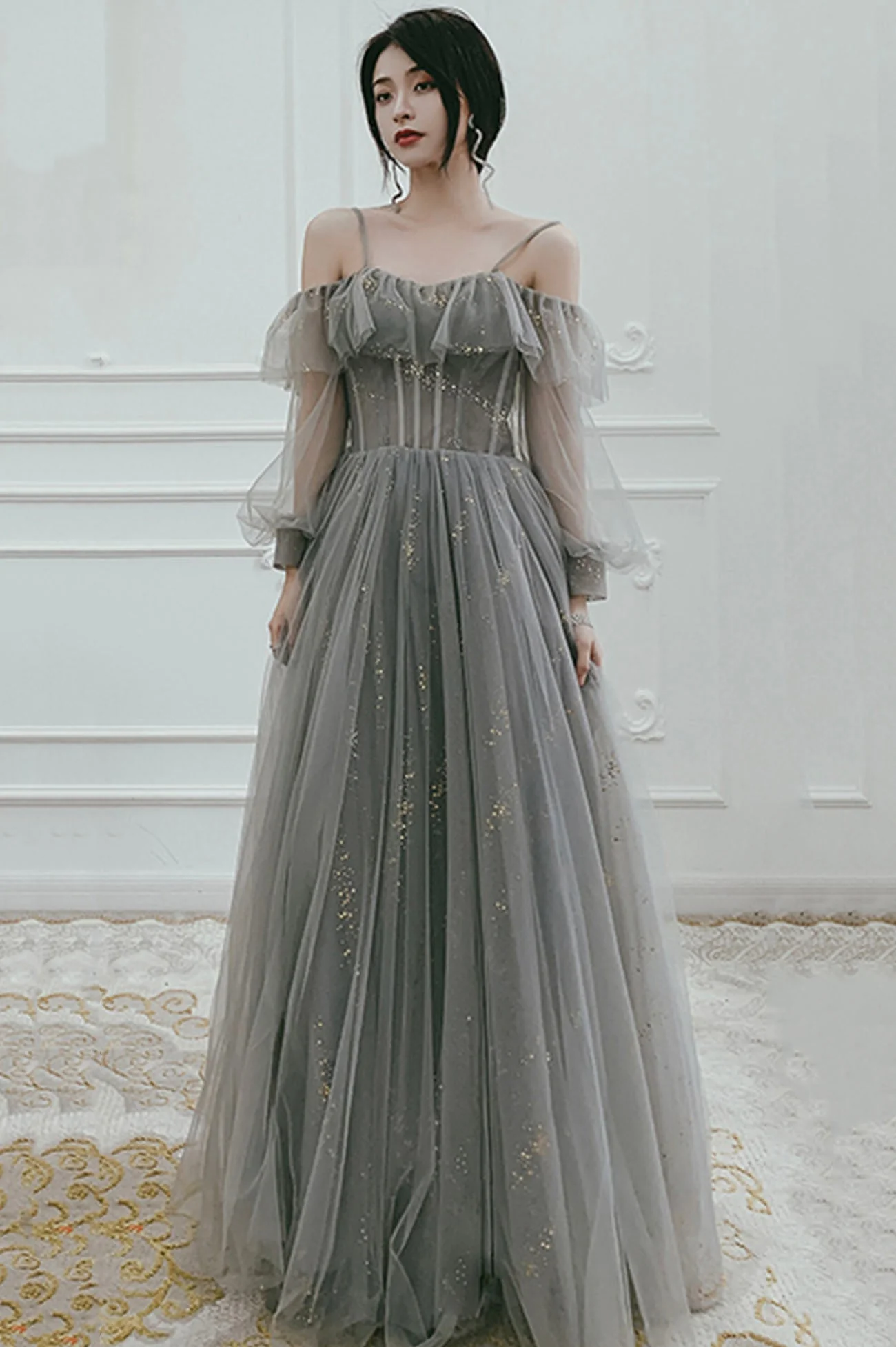 solvbao Gray Tulle Sequins Long Prom Dresses, A-Line Evening Dresses - Deanwangkt