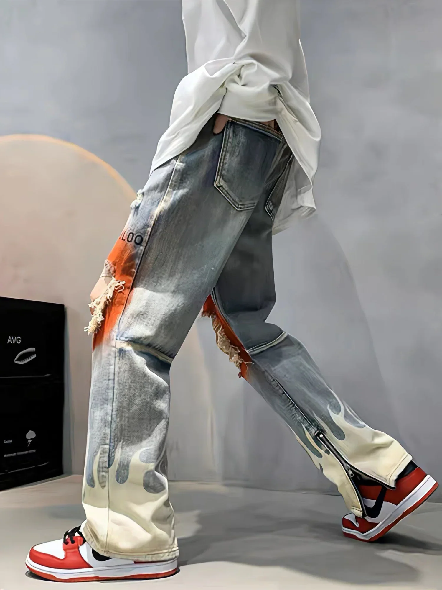 deanwangkt Retro Streetwearflame Print Jeans Y2k Blue Fashion Ripped Wide Leg Pants Hip Hop Gothic Harajuku High Waist Women Trousers - Deanwangkt