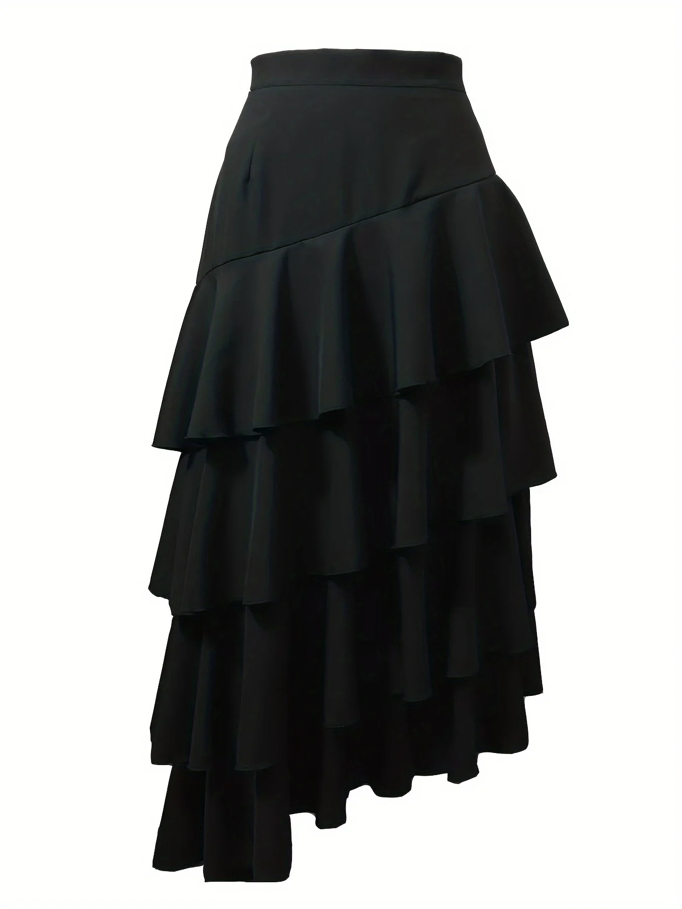 deanwangkt Layered Ruffle Asymmetrical Hem Skirt, Elegant High Waist Skirt For Fall & Winter, Women's Clothing - Deanwangkt