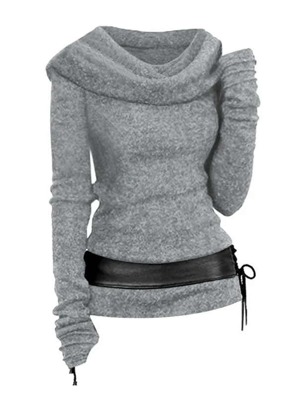 Hooded Cowl Front Lace Up Belted Sweater Spring Tops Tee For Women Solid Black Green Light Gray T-shirts - Deanwangkt