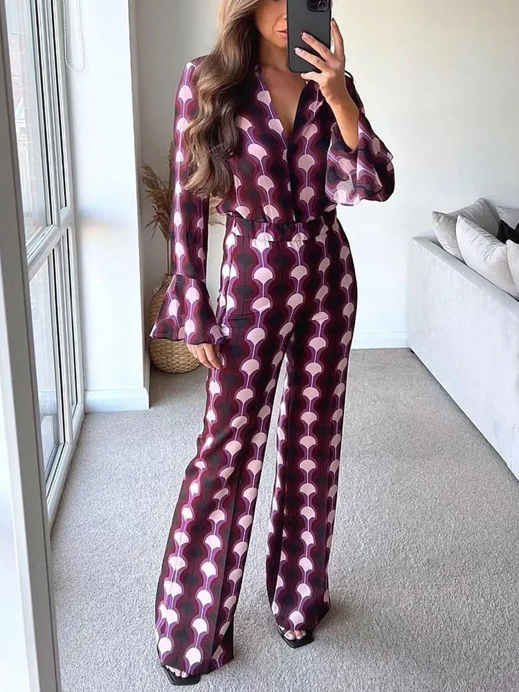 DEANWANGKT  Women Printed Casual Suit Trousers Suit Flared Sleeve Shirt  Summer Retro Vacation Ladies Suit Boot Cut Pant Loose Sets - Deanwangkt