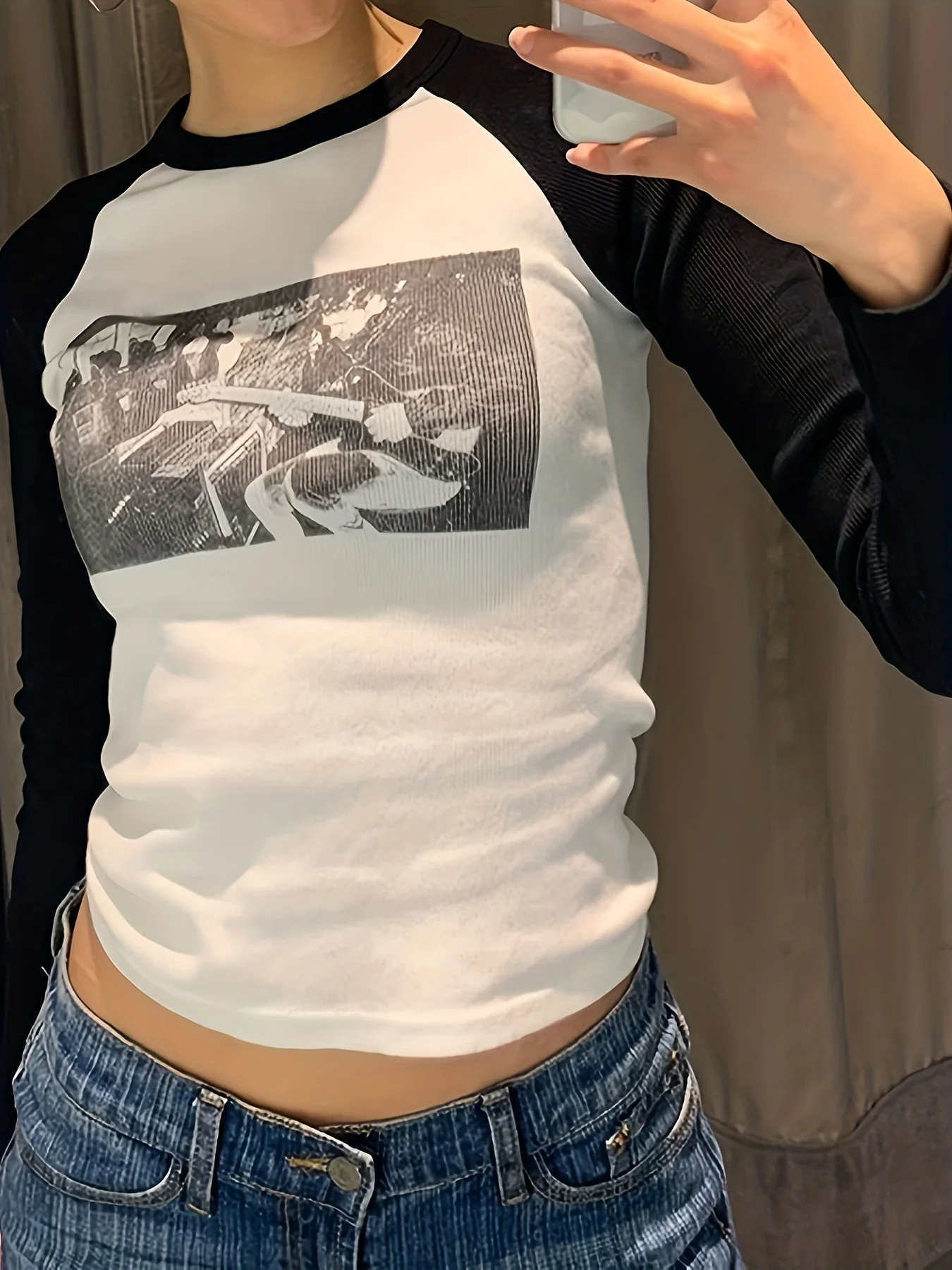 deanwangkt  Graphic Print Color Block T-shirt, Y2K Long Sleeve Crew Neck Top, Women's Clothing - Deanwangkt